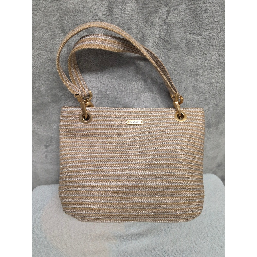 Eric Javits Squishee Metallic Straw Shoulder Bag Gold Silver Tote